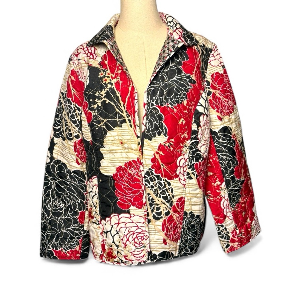 Floral Quilted Jacket Red Black Ladies L/XL